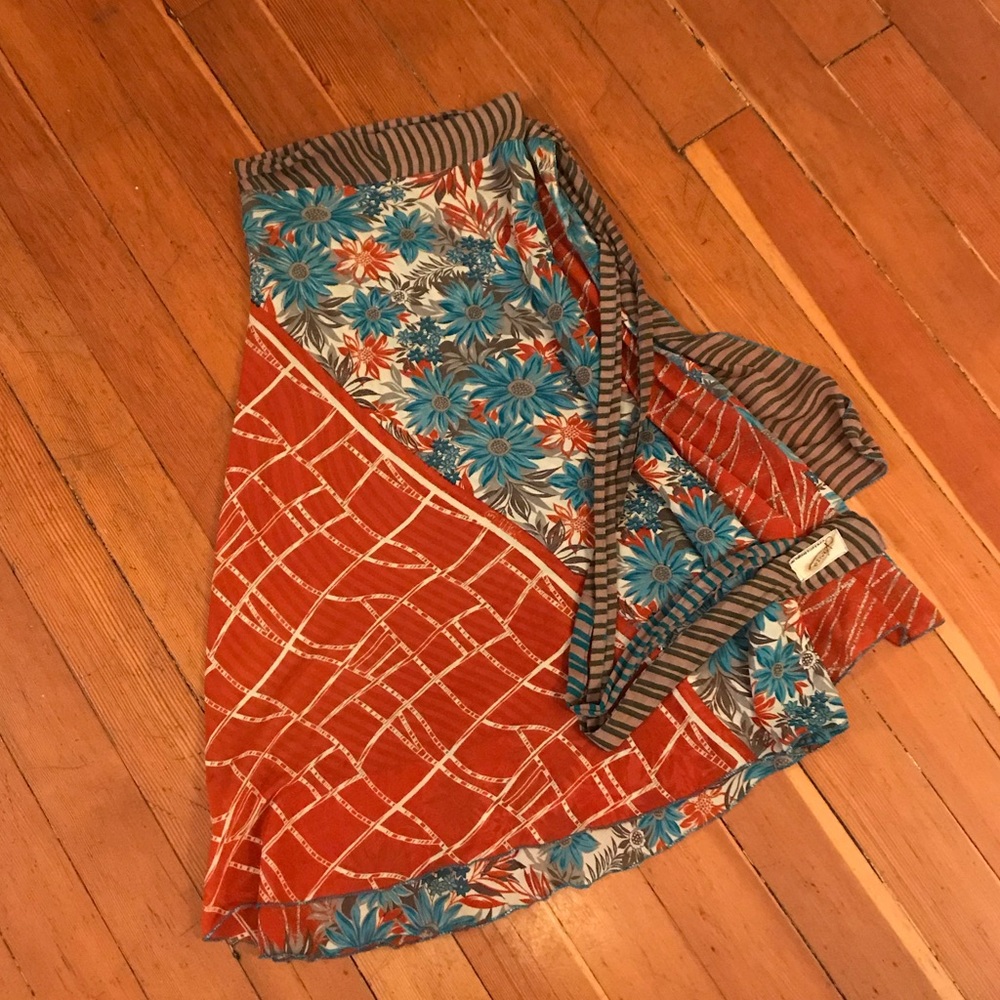 Silk Reversible Wrap Skirt Blue Floral Handmade